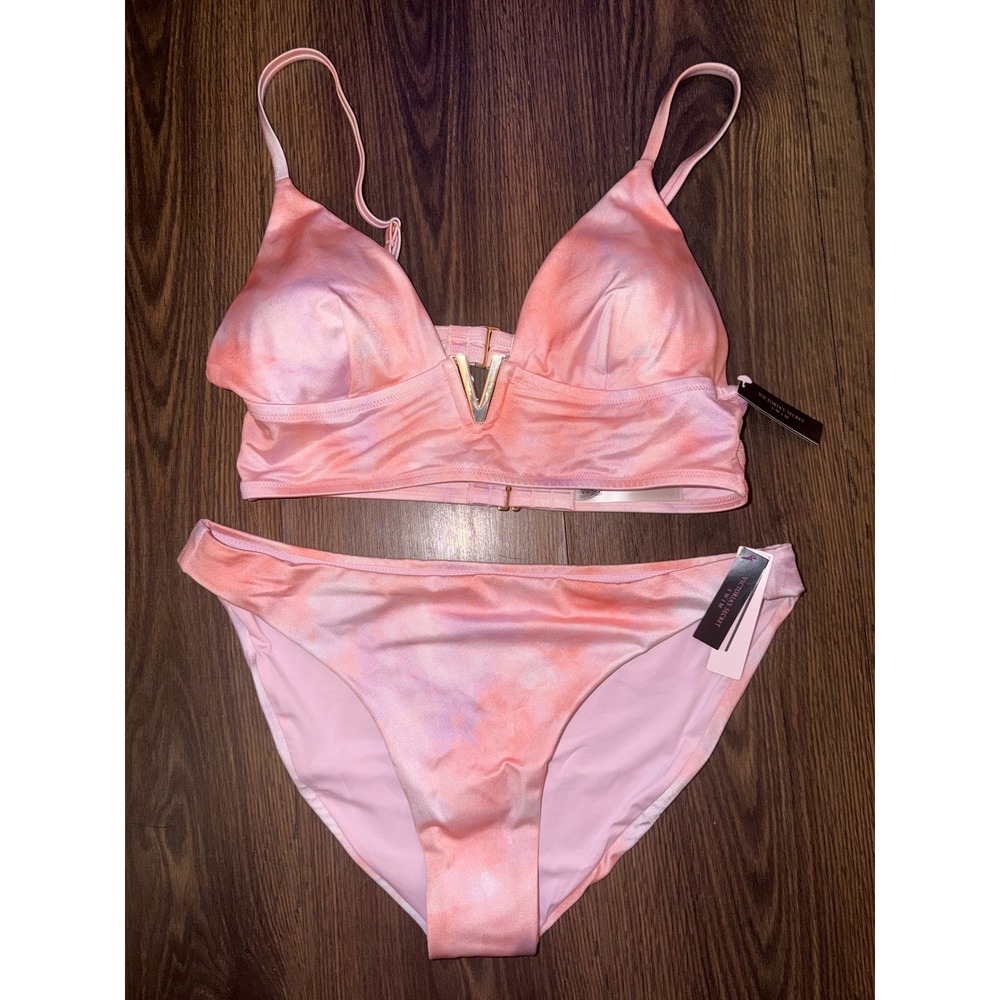 Victoria's Secret Bikini Women L/XL Pink Tie Dye NWT V-Hardware Shimmer 2pc Set